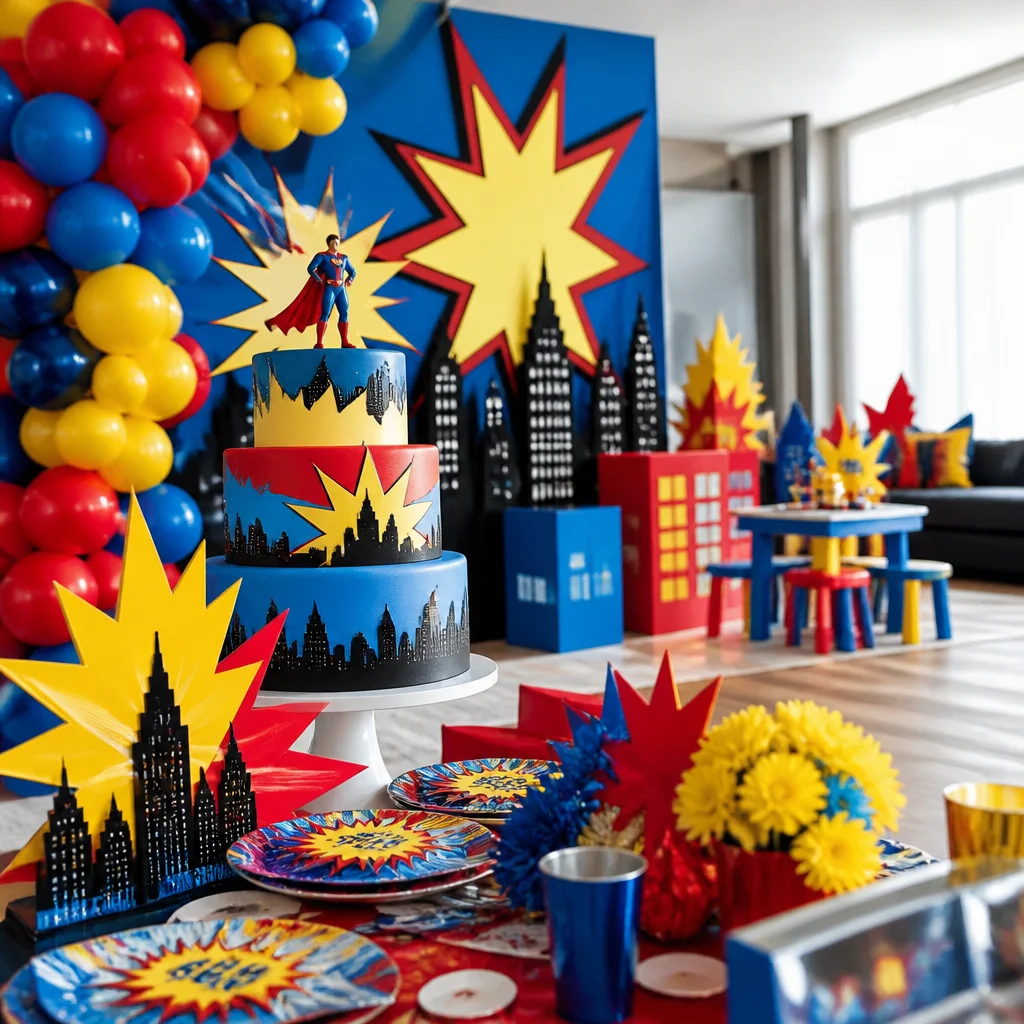 Superhero birthday cake with comic-style decorations and bold primary-color party backdrop