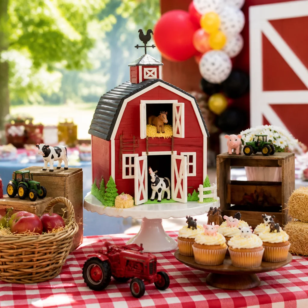 Farm birthday cake with barn details, gingham table styling, crates, and toy tractors