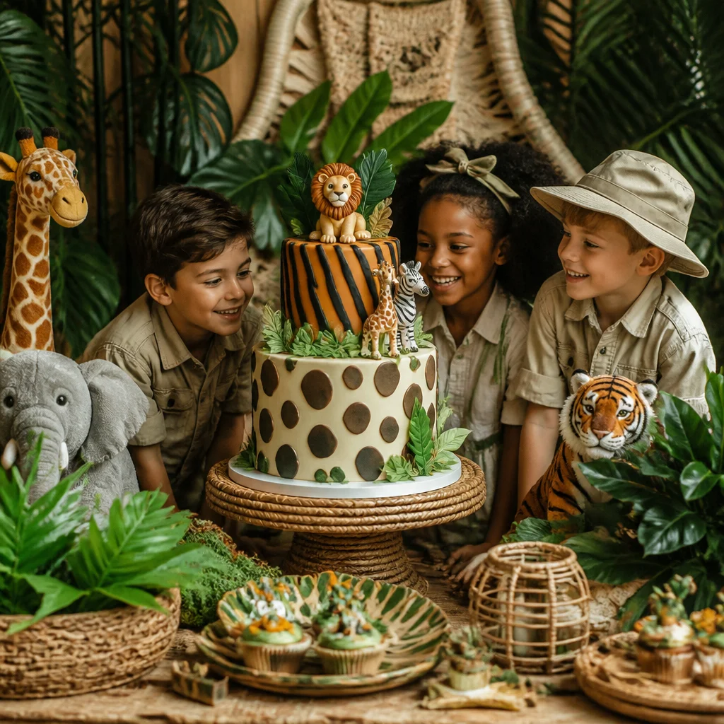 Jungle safari birthday cake with leafy decor, animal figures, and adventure-themed party setup