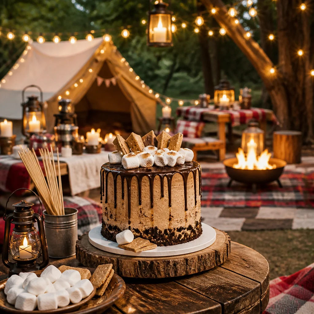 Camping birthday cake with tent and campfire details on a cozy picnic-style party table