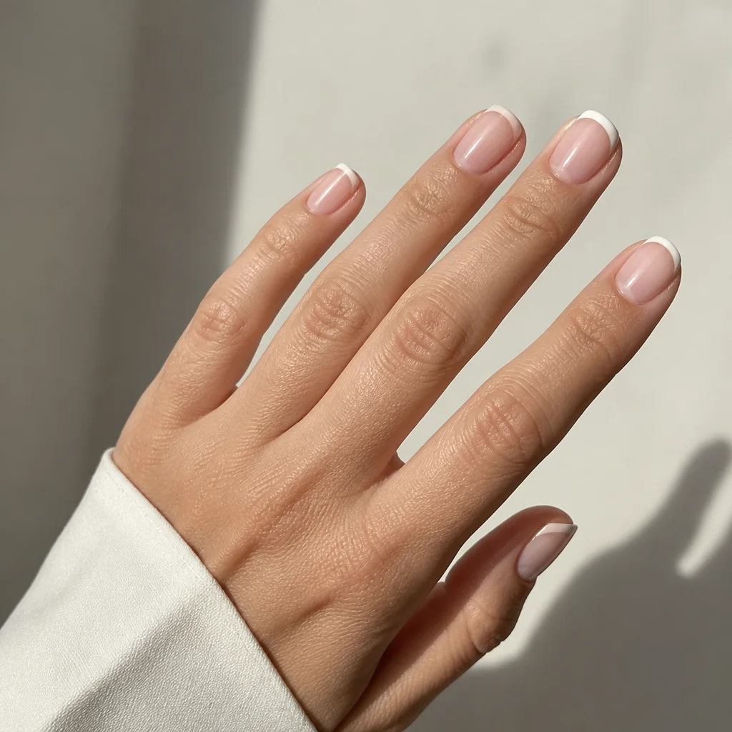 Classic French manicure with sheer pink base and crisp white tips in natural daylight