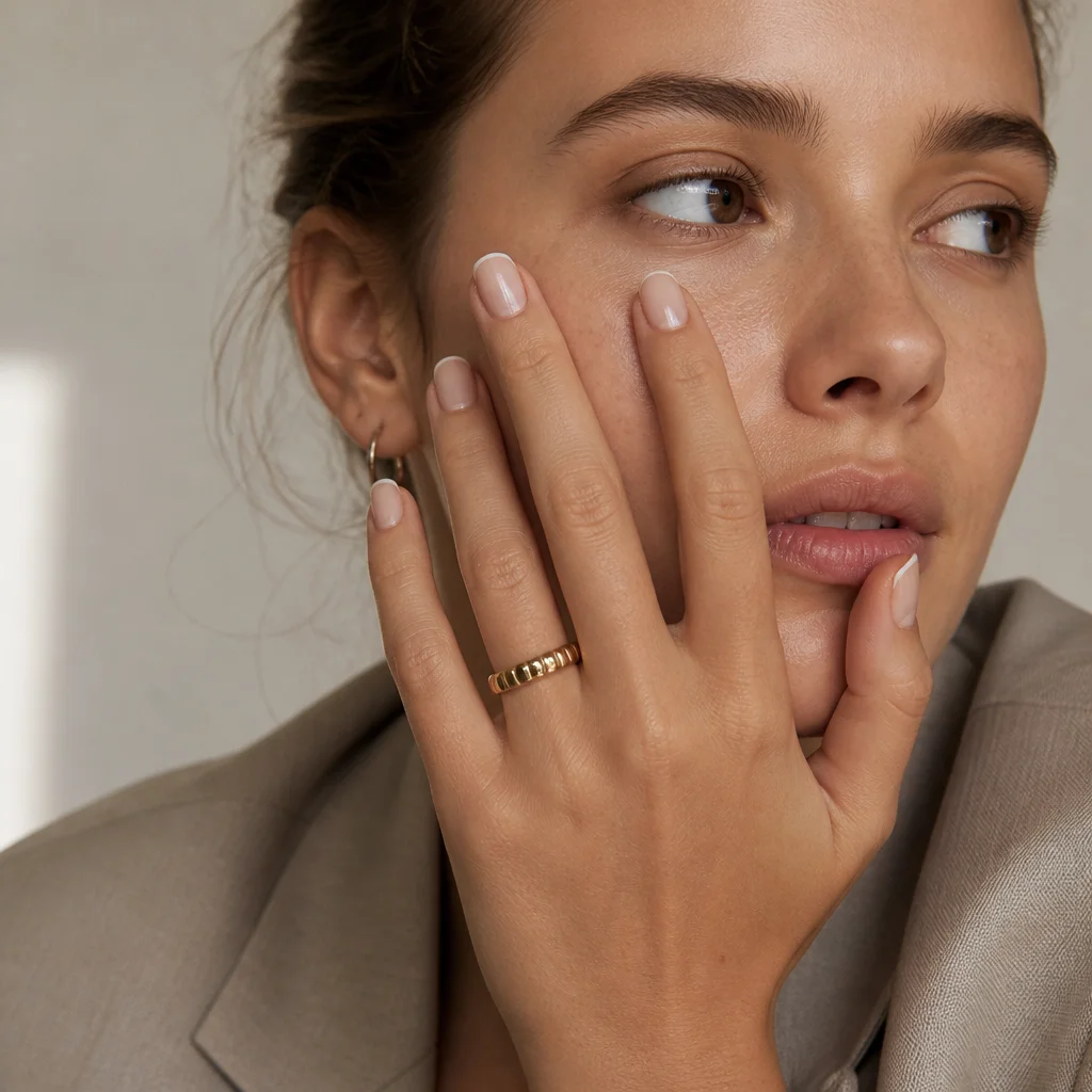 Short micro French nails with ultra-thin tips styled for a minimal everyday look